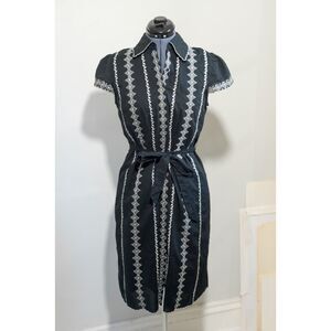 Vintage BCBG Max Azaria Black Button Down Shirt Dress White Embroidery Details